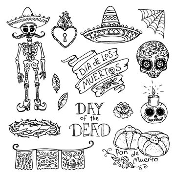 Dia de los Muertos or Day of the Dead hand sketched doodles