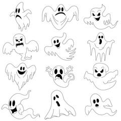 Halloween characters set of scary ghosts for design isolated on background, such logos. Halloween celebration. Vector illustration