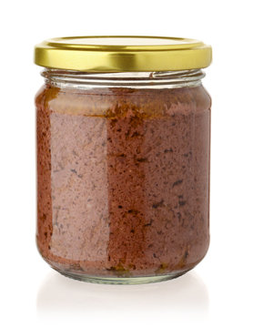 Glass jar of black olive paste
