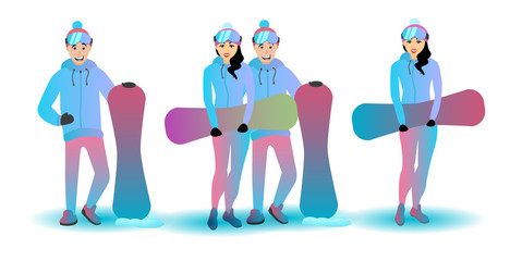 Vector set of snowboard male and female characters. A couple of man and woman with sports equipment.