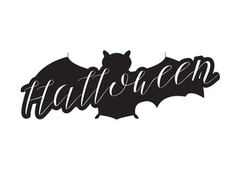 Scary Badge Bat with Hand Drawn Lettering Halloween Isolated on White Background. Black Emblem Logo Vector Illustration for Poster, Greeting Card, Logotype.
