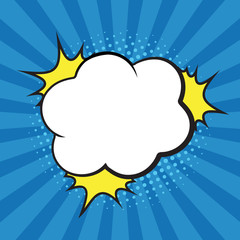 Retro comic expression empty speech bubble with colorful halftone shadow on blue stripes background. Vector illustration, vintage design, pop art style.