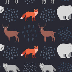 Seamless hand-drawn pattern with forest animals: fox, white bear, deer, wolf on dark background. Scandinavian design style. Vector illustration