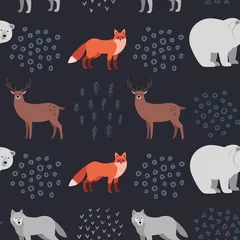 Behang Baby hert Naadloze handgetekende patroon met bosdieren: vos, witte beer, hert, wolf op donkere achtergrond. Scandinavische designstijl. vector illustratie
