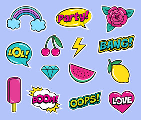 Cool modern colorful patch set on violet background. Fashion stickers of cherry, lemon, watermelon, rose flower, ice cream, rainbow, hearts, diamond, comic bubbles etc. Cartoon 80s-90s pop art style