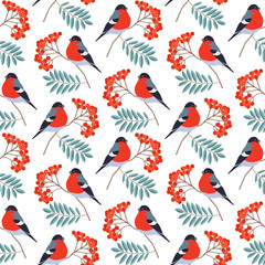 Seamless pattern with bullfinch on rowan branch isolated on white background. Seasonal natural pattern with rowan berries. Vector illustration.