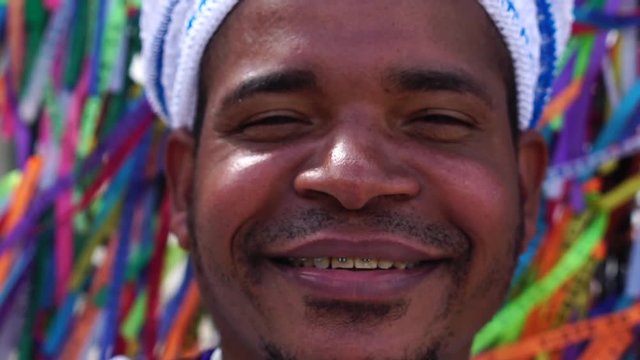 Portrait of Candomble priest Woman at Bonfim Church in Salvador, Bahia, Brazil