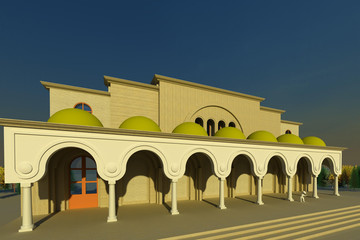 Architectural model 3D illustration. Spanish style arcade, building facade,columns, entrance, porch, sstairs, roof domes. Sky background. Collection.