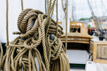 Rope rigging on the deck of the Dunbrody Famine Ship, New Ross, County Wexford