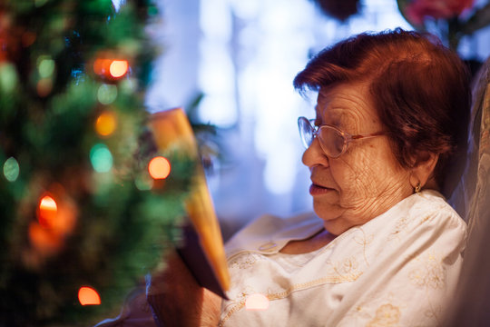 Portrait of old woman reading book near Christmas tree