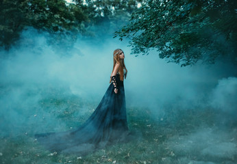The dark queen of elves walks in a misty forest. A creative image, an unusual black dress. Artistic toning. © kharchenkoirina