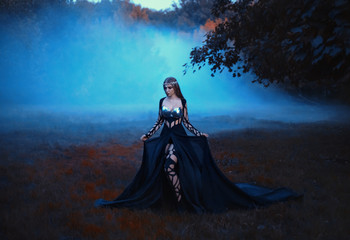 The dark queen of elves walks in a misty forest. A creative image, an unusual black dress. Artistic toning.