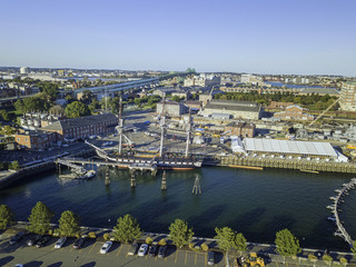 Pier of Boston Massachusetts USA, Wharf with sailboat and yachts in Charles Rive, skyline skyscrapers