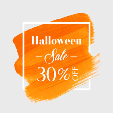 Halloween Sale 30% off sign over watercolor art brush stroke paint abstract background vector illustration. Perfect acrylic design for a shop and sale banners.