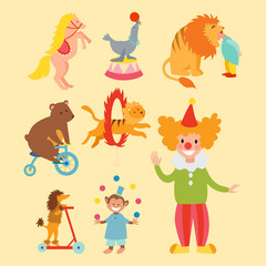 Fototapeta na wymiar Circus funny animals set of vector icons cheerful zoo entertainment collection juggler pets magician performer carnival illustration.