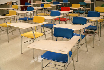 Close up on tables and chairs in the classroom