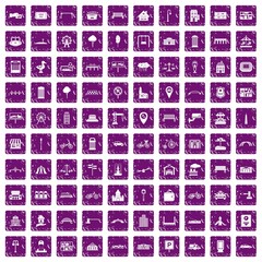 100 city icons set grunge purple