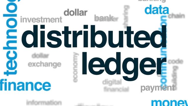Distributed ledger animated word cloud, text design animation.