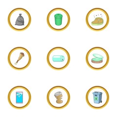Garbage icons set, cartoon style
