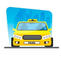 city taxi, yellow car on city background, flat vector