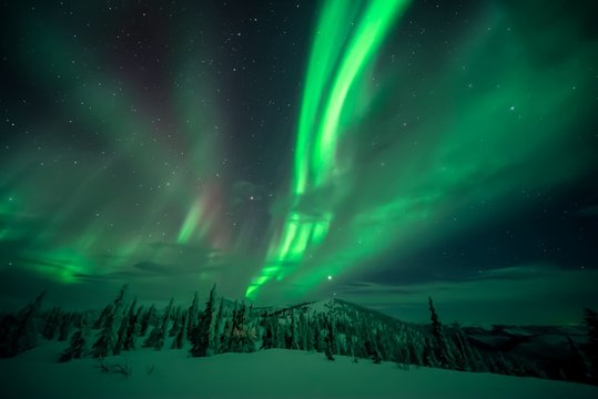 Aurora Borealis over snow-covered landscape in Alaska