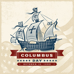Vintage Columbus Day Label. Editable vector illustration with clipping mask in retro woodcut style.