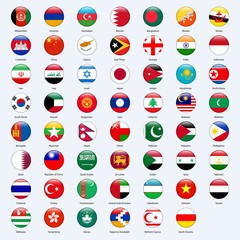All flags of the countries of the Asia. Round glossy style.