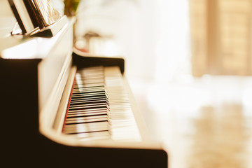 Close up view of black piano keys , selected focus .