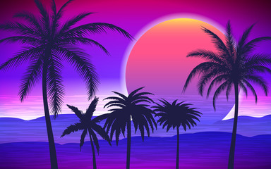 Obraz na płótnie Canvas Silhouette of palm trees on the tropical sunrise, vector illustration