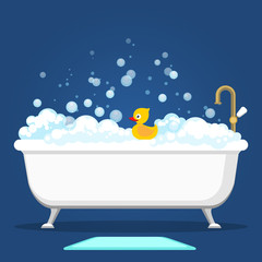 Naklejka premium Bathtub vector illustration. Relax bathroom interior with vintage bath and soap foam bubbles