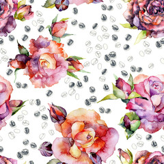 Beautiful, beautiful, fragrant, garden flowers roses and bitter, southern, delicious coffee beans. Watercolor. Illustration