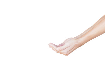 Man hand gesture holding something like a sand, soil, coins isolated on white background with clipping path.