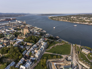 Obraz premium Aerial helicopter view of Chateau Frontenac hotel and Old Port in Quebec City Canada.