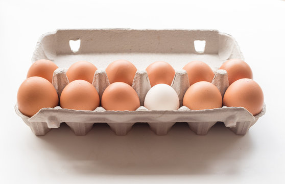 11 Brown Eggs And 1 White Egg In Cardboard Box - Odd One Out (selective Focus)