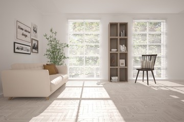 Idea of white room with sofa and summer landscape in window. Scandinavian interior design. 3D illustration