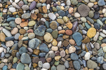 A lot of colored stones on the river bank close-up as background.