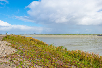 Fototapeta na wymiar Dike along a stormy lake in sunlight in autumn