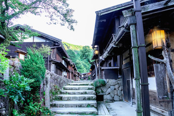 Kiso valley is the old  town or Japanese traditional wooden buildings and historic old street  in Narai-juku , Nagano Prefecture, JAPAN.