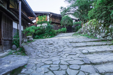  Kiso valley is the old  town or Japanese traditional wooden buildings and historic old street  in Narai-juku , Nagano Prefecture, JAPAN.