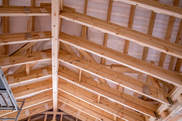 Interior view of a wooden roof structure