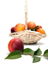fresh peach fruits with green leaves isolated on white background