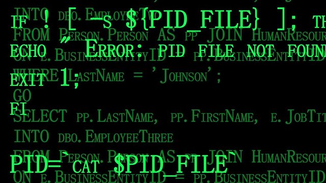 Software source programming code on a black computer screen. Developer working on program codes in office. Technology background. Two layers. Ready for overlay.
