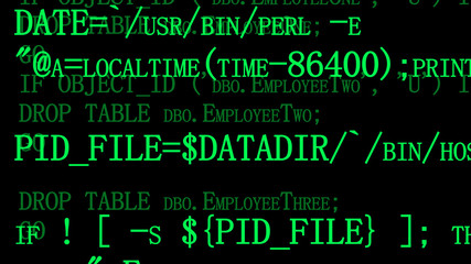 Obraz premium Software source programming code on a black computer screen. Developer working on program codes in office. Technology background. Two layers. Ready for overlay.