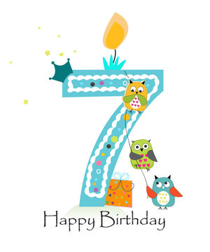 Happy seventh birthday with owls baby boy greeting card 
