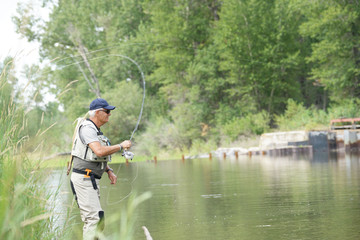 Fly-fisherman fishing in the Gallatin River, Montana
