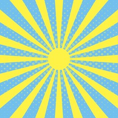 Pop art background with sun beam rays on a blue sky background, halftone effect, vector beam, the rays of sun blast, radiant shine, pop art vintage banner