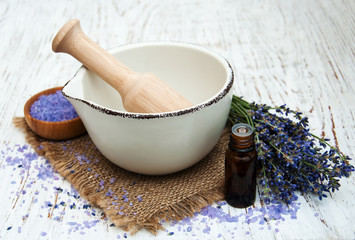 lavender oil with bath salt and fresh lavender