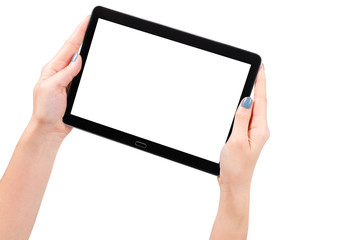 female hands holding a tablet touch computer gadget with isolated screen