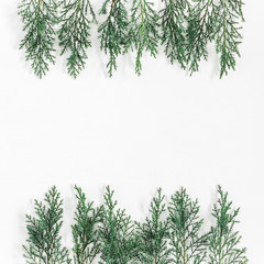 Christmas composition made of pine branches on white background. Christmas, winter, new year concept. Flat lay, top view, copy space