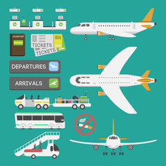 Plane airport transport symbols flat design illustration station concept air port symbols departure luggage plane business vector